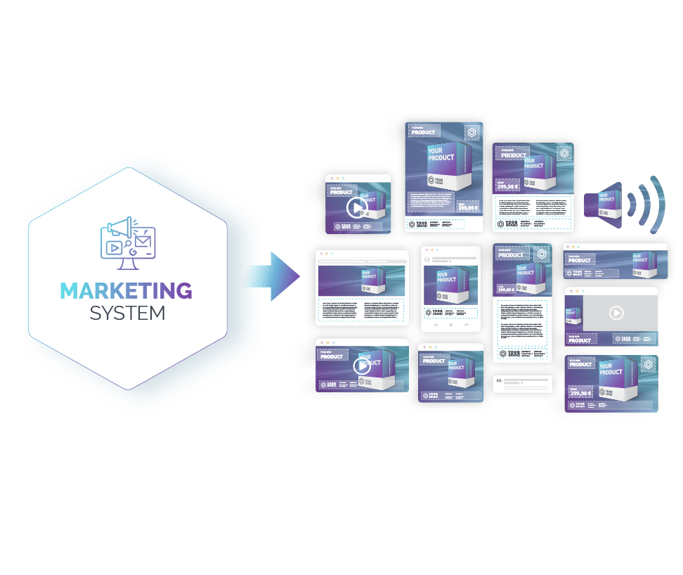 Sammlung von Icons als Symbole für verschiedene Möglichkeiten von Werbemittelkonfiguration in einem Marketingsystem