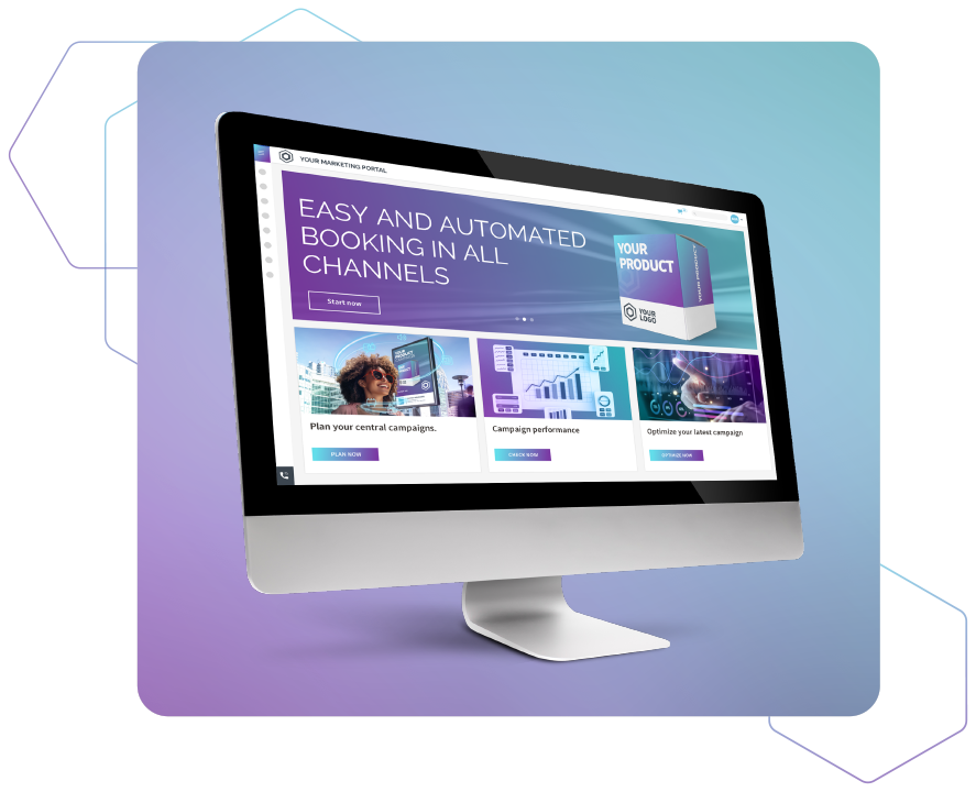 Ein Monitor, der das Marketing Portal von MEHRKANAL und verschiedene Handlungsfelder zeigt