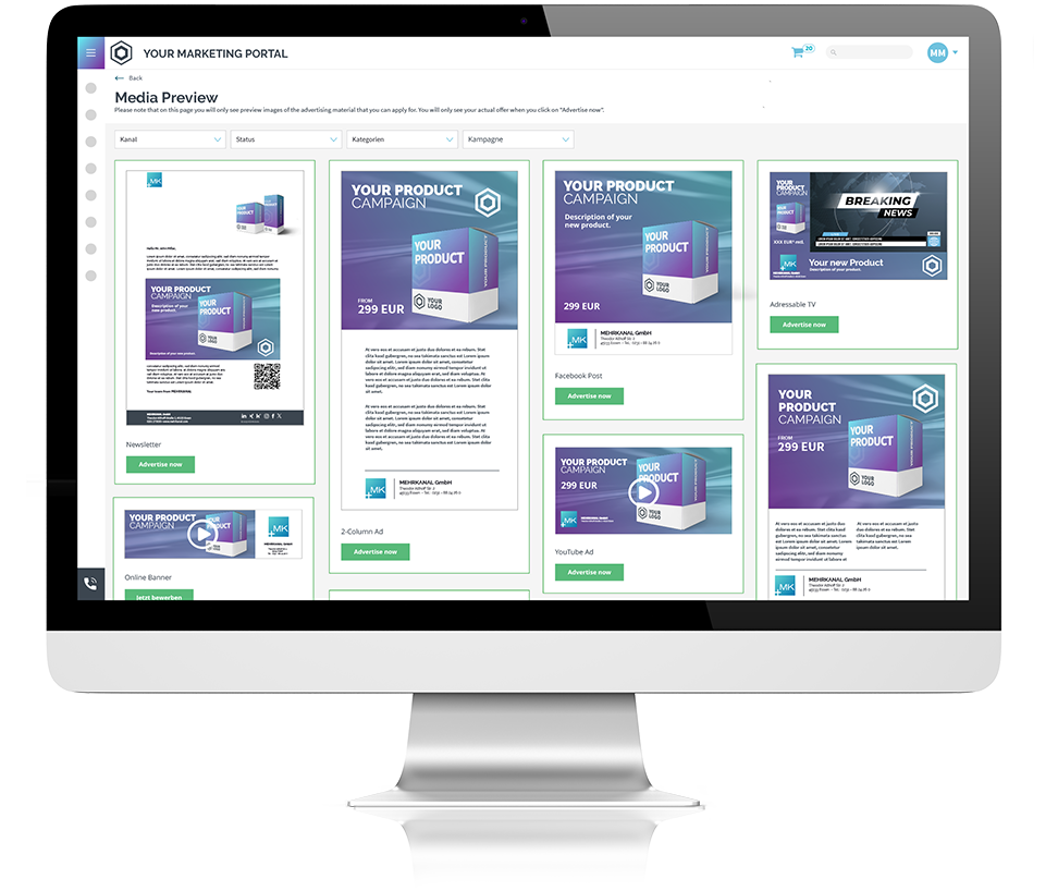 Ein Monitor, der das Marketing Portal von MEHRKANAL, die Media Preview und verschiedene Erwerbsoptionen von Produktkampagnen zeigt