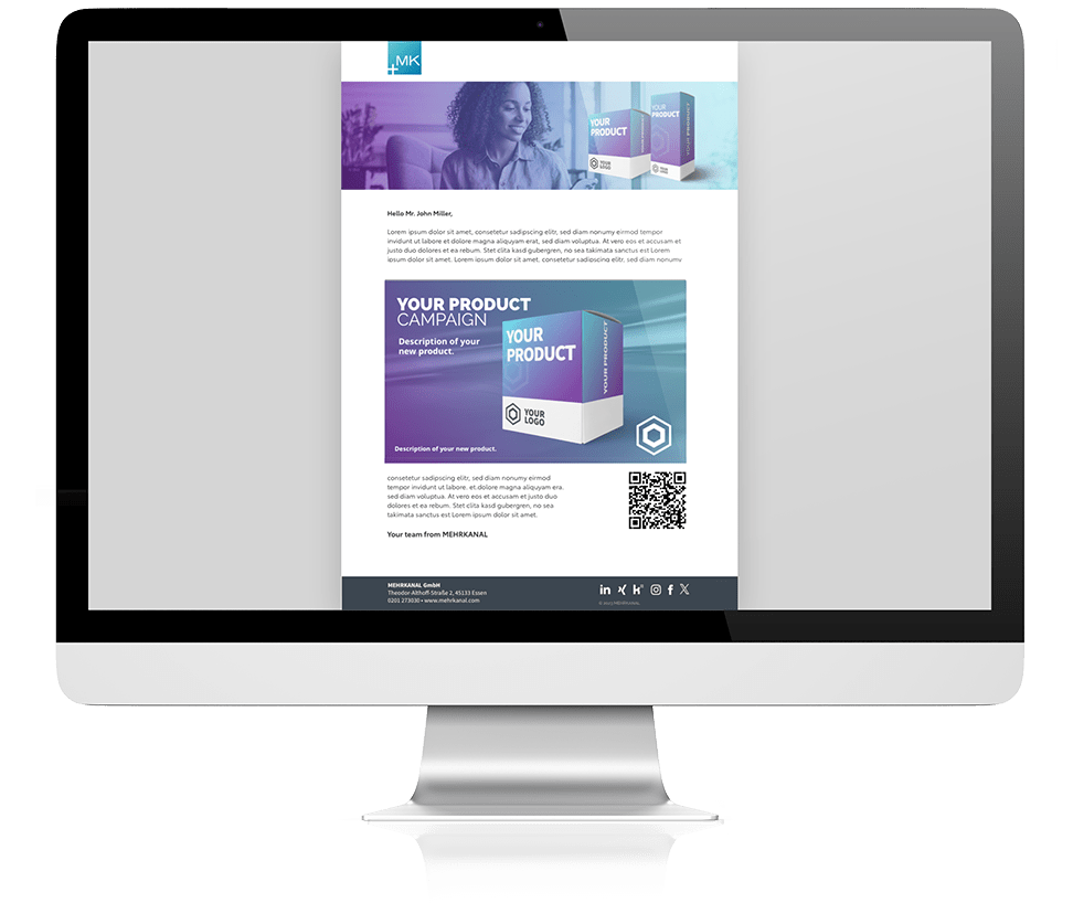 Ein Monitor, der die Zustellung eines bei MEHRKANAL erworbenen Produkts per Mail zeigt