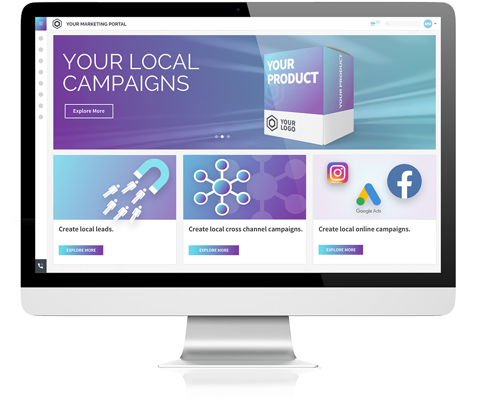 Ein Monitor, der das das Marketing Portal von MEHRKANAL und verschiedene Handlungsfelder zum Erstellen einer eigenen Marketingkampagne eines Kunden zeigt