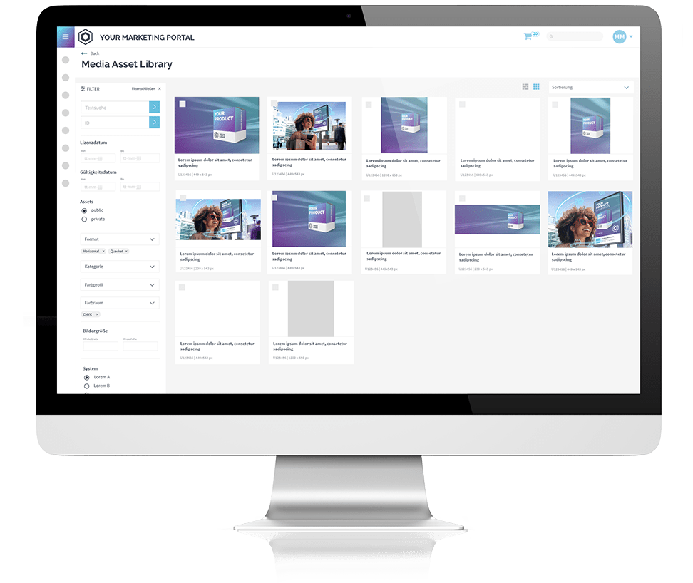 Ein Monitor, der das Marketing Portal von MEHRKANAL und die Media Asset Library zeigt