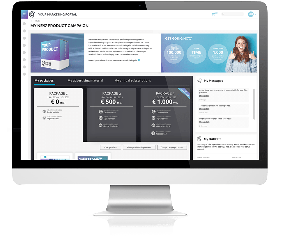 Ein Monitor, der das Marketing Portal von MEHRKANAL und verschiedene Buchungsoptionen im Rahmen von Produktkampagnen eines Kunden zeigt