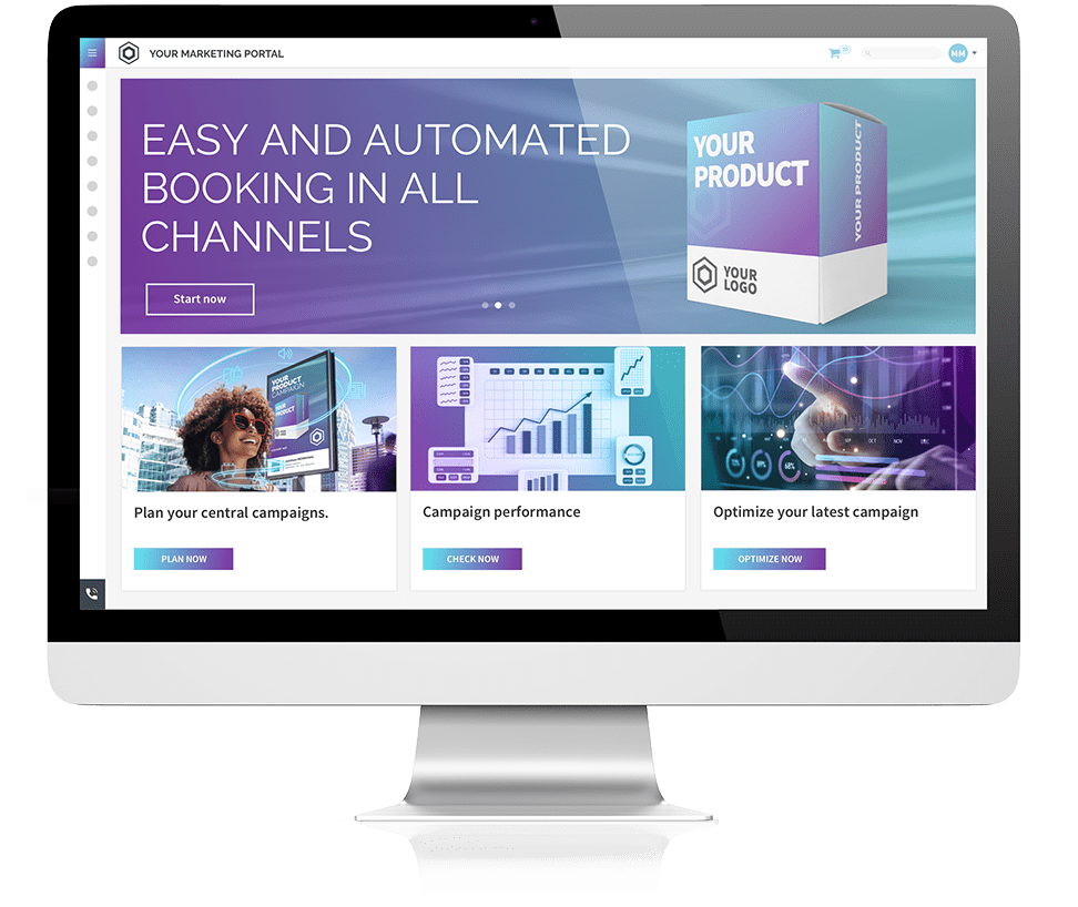 Ein Monitor, der das Marketing Portal von MEHRKANAL und verschiedene Handlungsfelder zeigt